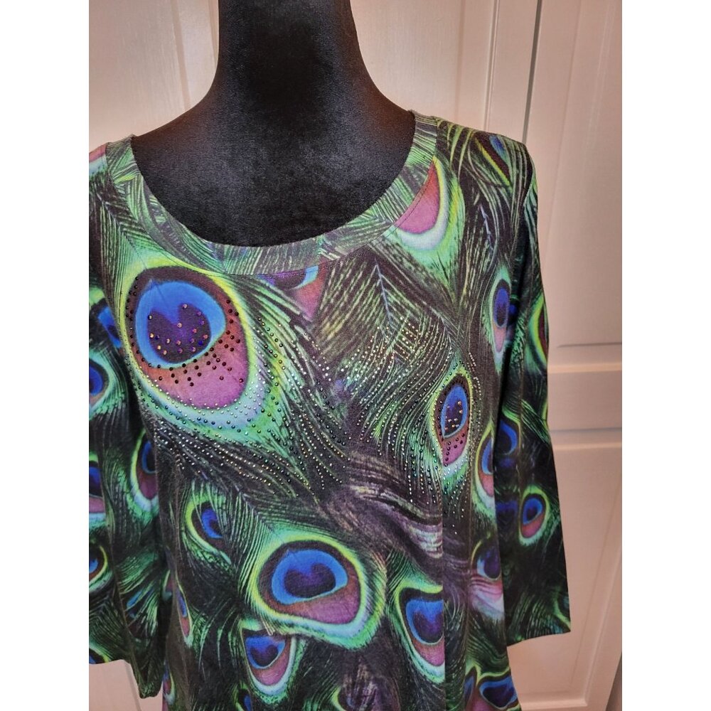 Green/Purple Peacock Print Tunic Rhinestones Handkerchief Hem L Mardi Gras Boho - Picture 3 of 9
